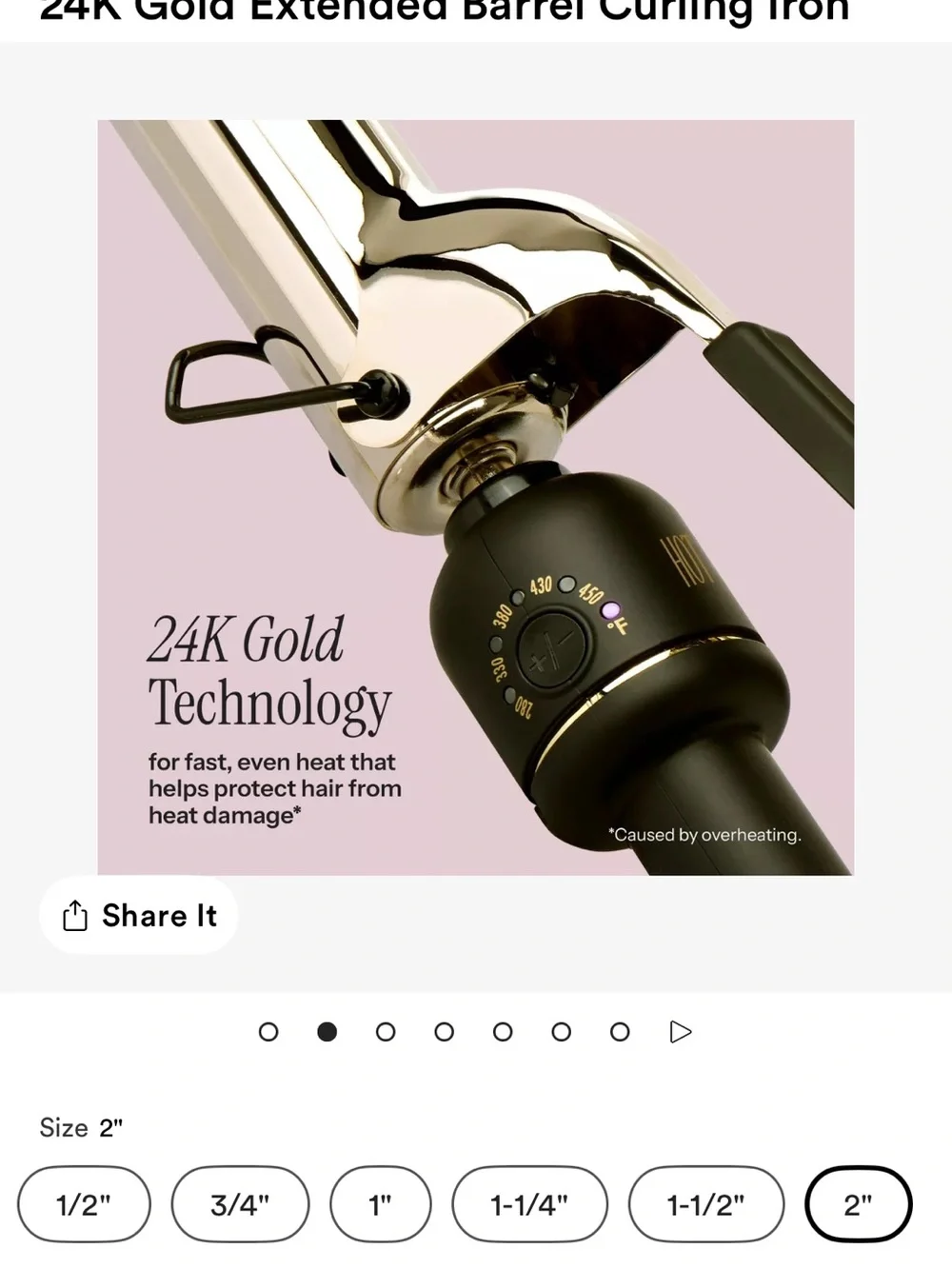 24K Gold Extended Barrel Curling Iron - Gold/Black 2”